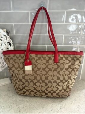 Coach Signature Canvas Weekend Zip Top Tote Bag Purse 23465 Handbag Red Khaki